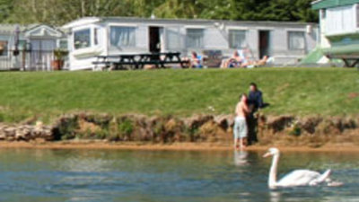 Picture of Three TTT Water Sports, Oxfordshire, Central South England - Swans in the lake next to caravans 