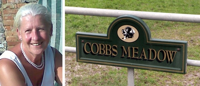 Owner of Cobbs Meadow next to the entrance sign